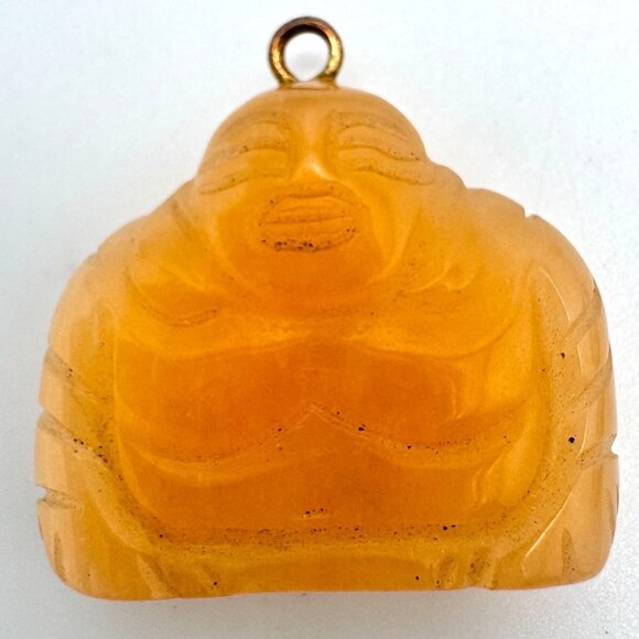 Vintage Hand-Carved Orange Butterscotch Jade Laughing Buddha Pendant 7/8" - Picture 1 of 8
